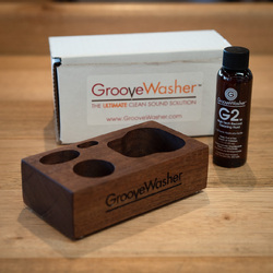 Groovewasher custom US made Walnut Display Block + G2 Fluid vinyl LP record cleaning accessory