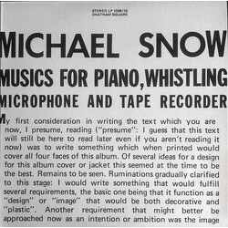 Michael Snow Musics For Piano, Whistling, Microphone And Tape Recorder