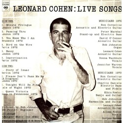 Leonard Cohen Live Songs Vinyl LP