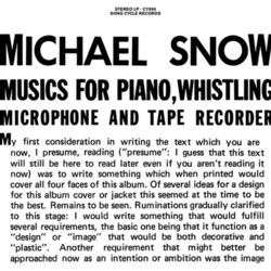 Michael Snow Musics For Piano Whistling Microphone & Tape Vinyl 2 LP