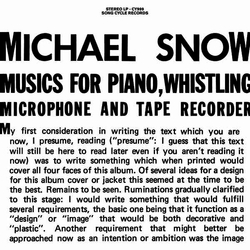 Michael Snow Musics For Piano, Whistling, Microphone And Tape Recorder Vinyl 2 LP