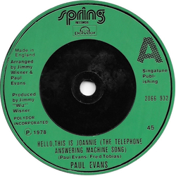 Paul Evans Hello, This Is Joannie (The Telephone Answering Machine Song) Vinyl 7" USED