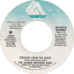 The Allman Brothers Band Straight From The Heart USED VINYL 7INCH 45 RPM SINGLE PROMO STEREO MONO