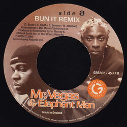 Mr. Vegas / Elephant Man Bun It Remix / Thumbs Up Remix USED VINYL 7INCH 45 RPM