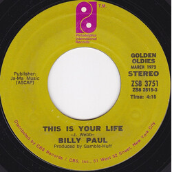 Billy Paul This Is Your Life / Me And Mrs. Jones USED VINYL 7INCH 45 RPM SINGLE STYRENE STEREO