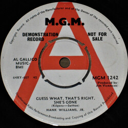 Hank Williams Jr. Guess What, That's Right, She's Gone USED VINYL 7INCH 45 RPM SINGLE PROMO