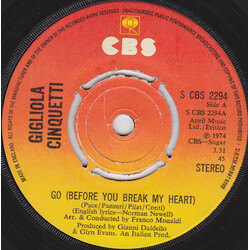 Gigliola Cinquetti Go (Before You Break My Heart) USED VINYL 7INCH 45 RPM SINGLE STEREO