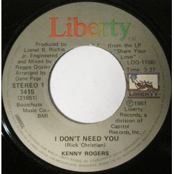 Kenny Rogers I Don't Need You Vinyl 7" USED