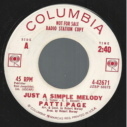 Patti Page Just A Simple Melody Vinyl 7" USED
