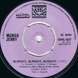 Mungo Jerry Alright, Alright, Alright Vinyl 7" USED