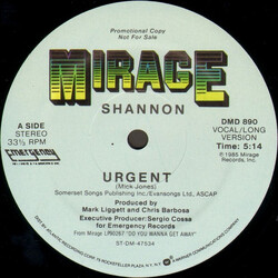 Shannon Urgent USED VINYL 12INCH 33 S RPM PROMO