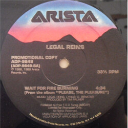 Legal Reins Wait For Fire Burning USED VINYL 12INCH 33 S RPM PROMO