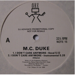 MC Duke I Don't Care Anymore / Free USED VINYL 12INCH 33 S RPM PROMO