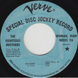 The Righteous Brothers Woman, Man Needs Ya / And The Party Goes On USED VINYL 7INCH 45 RPM SINGLE PROMO