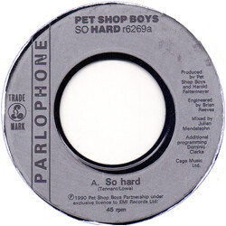 Pet Shop Boys So Hard USED VINYL 7INCH 45 RPM SINGLE JUKEBOX