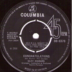 Cliff Richard Congratulations USED VINYL 7INCH 45 RPM SINGLE