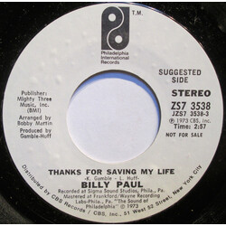 Billy Paul Thanks For Saving My Life USED VINYL 7INCH 45 RPM PROMO