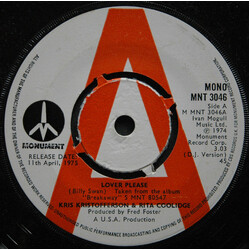 Kris Kristofferson & Rita Coolidge Lover Please Vinyl 7" USED