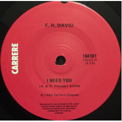 F.R. David I Need You / Porcelain Eyes USED VINYL 7INCH 45 RPM SINGLE