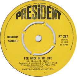 Dorothy Squires For Once In My Life USED VINYL 7INCH 45 RPM SINGLE