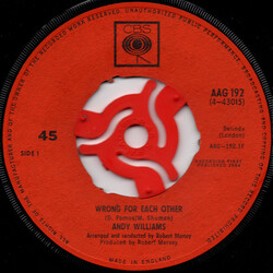 Andy Williams Wrong For Each Other / Madrigal USED VINYL 7INCH 45 RPM SINGLE