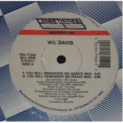 Wil Davis You Will Remember Me USED VINYL 12INCH 33 S RPM PROMO