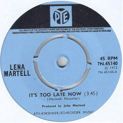 Lena Martell It's Too Late Now Vinyl 7" USED