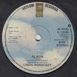 Linda Ronstadt Alison USED VINYL 7INCH 45 RPM SINGLE