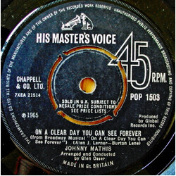 Johnny Mathis On A Clear Day You Can See Forever USED VINYL 7INCH 45 RPM SINGLE