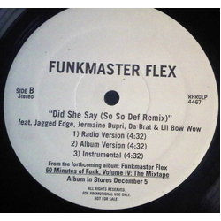 Funkmaster Flex / Jadakiss / Jagged Edge (2) / Jermaine Dupri / Lil' Bow Wow / Da Brat I Don't Care / Did She Say (So So Def Remix) Vinyl 12" USED