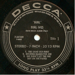 Burl Ives Burl USED VINYL 7INCH 33 S RPM JUKEBOX STEREO
