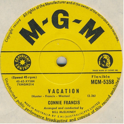 Connie Francis Vacation / The Biggest Sin Of All Vinyl 7" USED