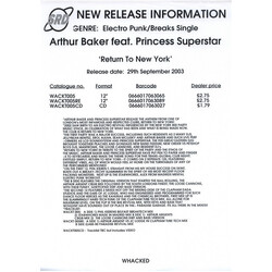 Arthur Baker / Princess Superstar Return To New York USED VINYL 12INCH 33 S RPM WHITE LABEL