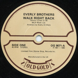 Everly Brothers Walk Right Back / Ebony Eyes VINYL 7" USED
