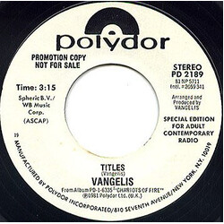 Vangelis Titles USED VINYL 7INCH 45 RPM SINGLE PROMO SPECIAL EDITION STYRENE