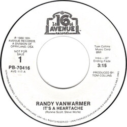 Randy Vanwarmer It's A Heartache USED VINYL 7INCH 45 RPM SINGLE PROMO