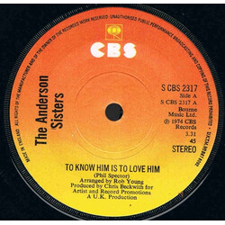The Anderson Sisters To Know Him Is To Love Him USED VINYL 7INCH 45 RPM STEREO