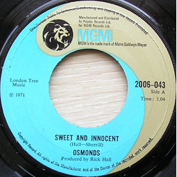 The Osmonds Sweet And Innocent Vinyl 7" USED