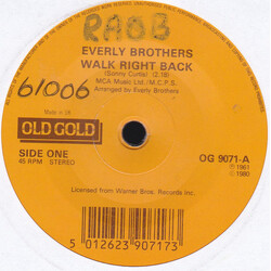 Everly Brothers Walk Right Back / Ebony Eyes USED VINYL 7INCH 45 RPM SINGLE REISSUE