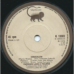 Emerson, Lake & Palmer Jerusalem USED VINYL 7INCH 45 RPM SINGLE