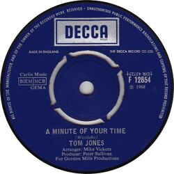 Tom Jones A Minute Of Your Time / Looking Out My Window USED VINYL 7INCH 45 RPM SINGLE