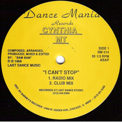 Cynthia M I Can't Stop USED VINYL 12INCH 33 S RPM