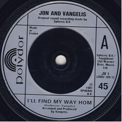 Jon & Vangelis I'll Find My Way Home VINYL 7" USED
