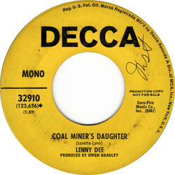 Lenny Dee (2) Coal Miner's Daughter / Sweet Memories USED VINYL 7INCH 45 RPM SINGLE PROMO MONO