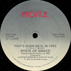 State Of Grace (3) That's When We'll Be Free USED VINYL 12INCH 33 S RPM SINGLE STEREO