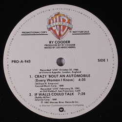 Ry Cooder Crazy 'Bout An Automobile (Every Woman I Know) USED VINYL 12INCH 33 S RPM PROMO