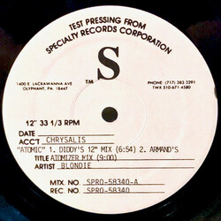 Blondie Atomic USED VINYL 12INCH 33 S RPM TEST PRESSING