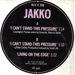 Jakko I Can't Stand This Pressure USED VINYL 12INCH 45 RPM SINGLE WHITE LABEL