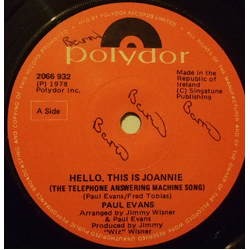 Paul Evans Hello, This Is Joannie (The Telephone Answering Machine Song) Vinyl 7" USED