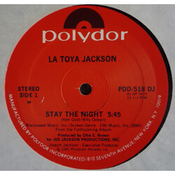 La Toya Jackson Stay The Night USED VINYL 12INCH 33 S RPM PROMO